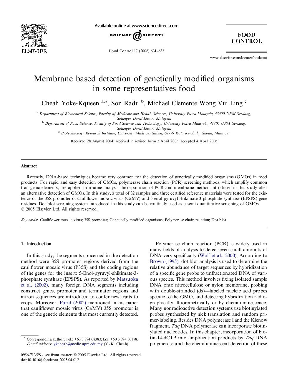 Membrane based detection of genetically modified organisms in some representatives food