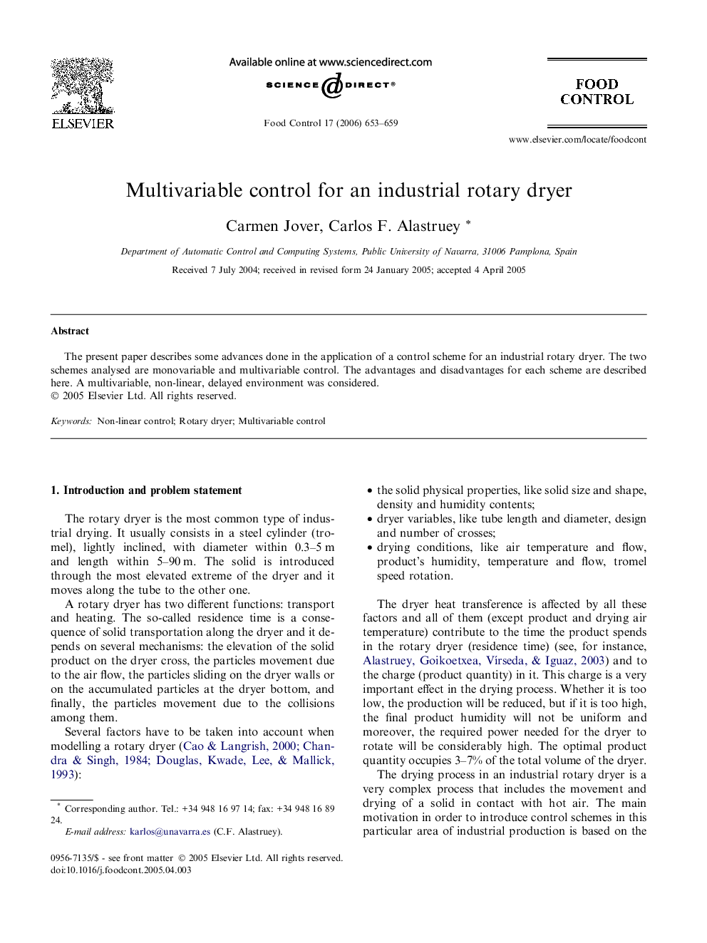 Multivariable control for an industrial rotary dryer