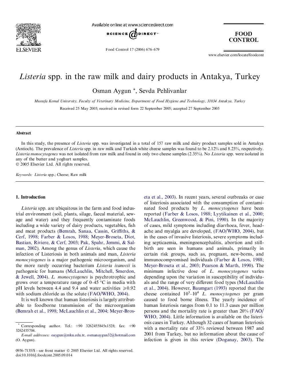 عکس صفحه اول مقاله: Listeria spp. in the raw milk and dairy products in Antakya, Turkey Listeria spp. in the raw milk and dairy products in Antakya, Turkey