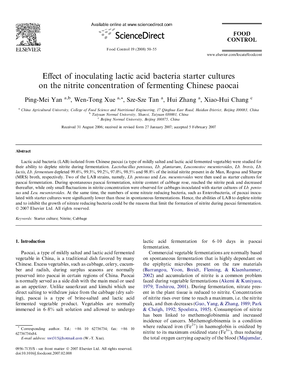 Effect of inoculating lactic acid bacteria starter cultures on the nitrite concentration of fermenting Chinese paocai