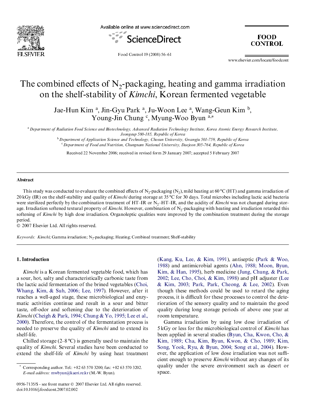 The combined effects of N2-packaging, heating and gamma irradiation on the shelf-stability of Kimchi, Korean fermented vegetable