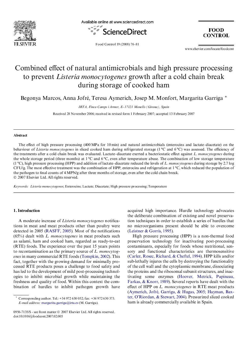 Combined effect of natural antimicrobials and high pressure processing to prevent Listeria monocytogenes growth after a cold chain break during storage of cooked ham