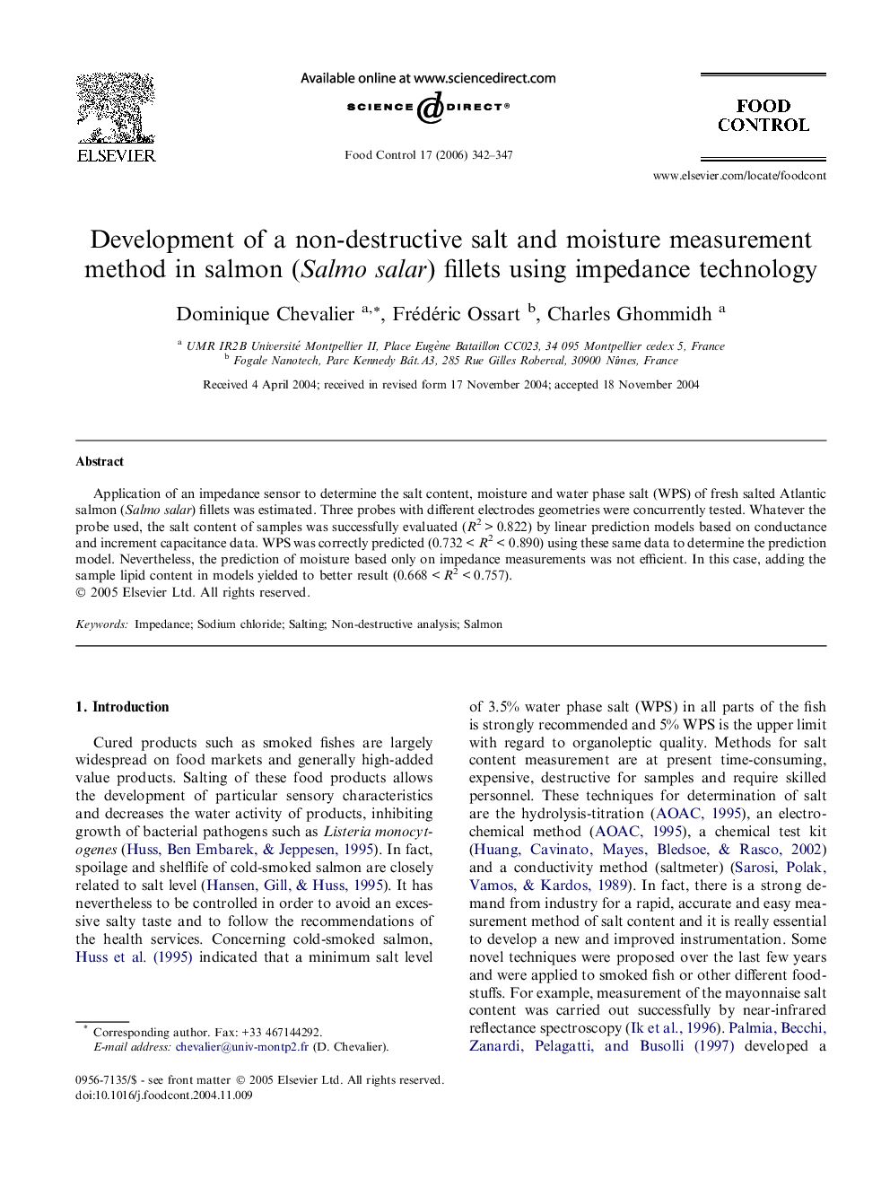 Development of a non-destructive salt and moisture measurement method in salmon (Salmo salar) fillets using impedance technology