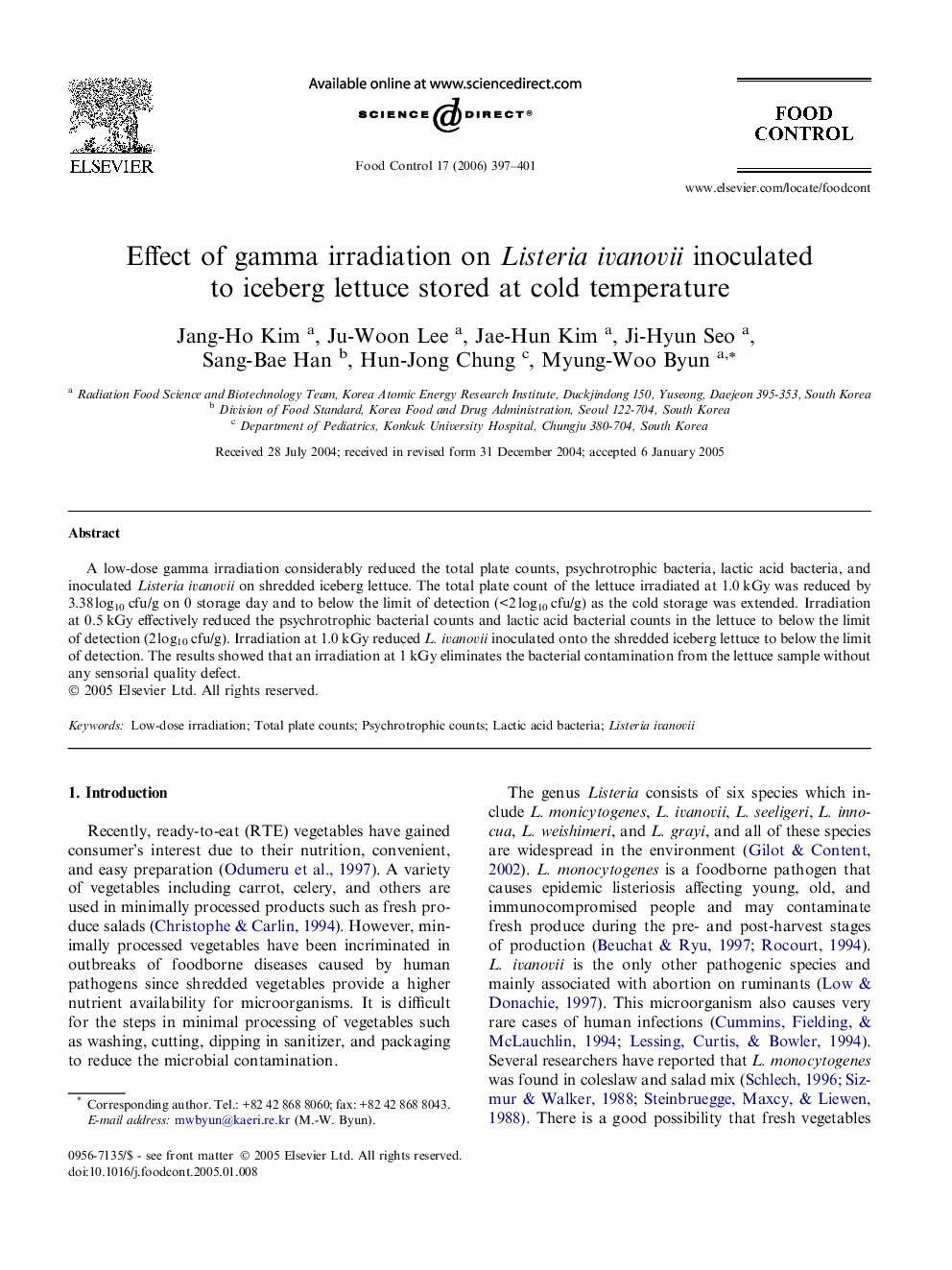 Effect of gamma irradiation on Listeria ivanovii inoculated to iceberg lettuce stored at cold temperature