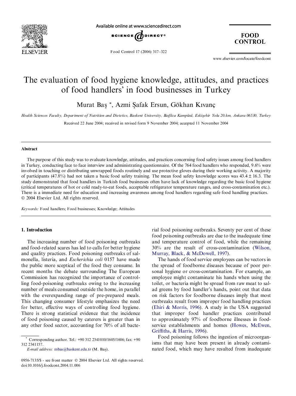 The evaluation of food hygiene knowledge, attitudes, and practices of food handlers’ in food businesses in Turkey