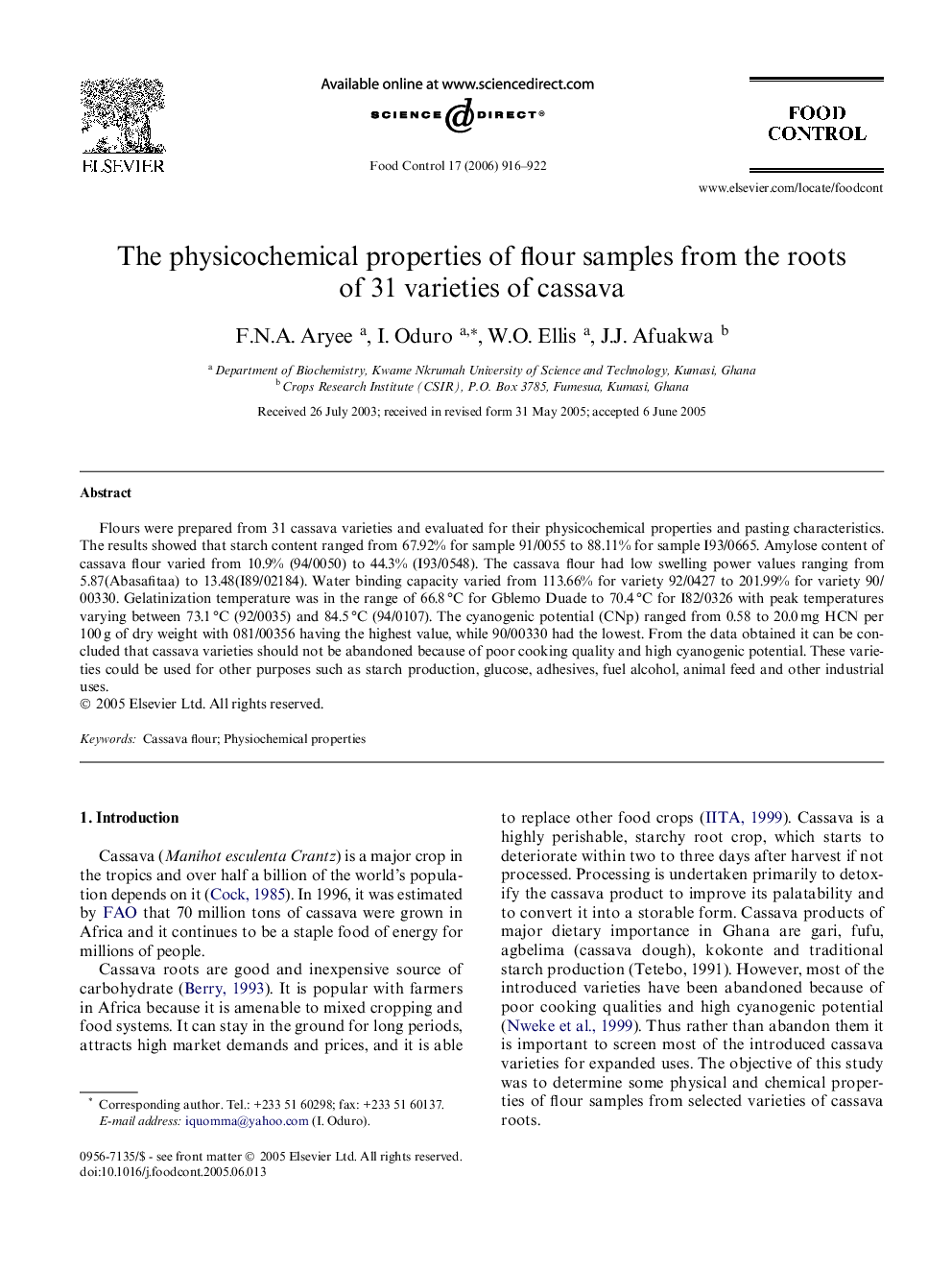 The physicochemical properties of flour samples from the roots of 31 varieties of cassava