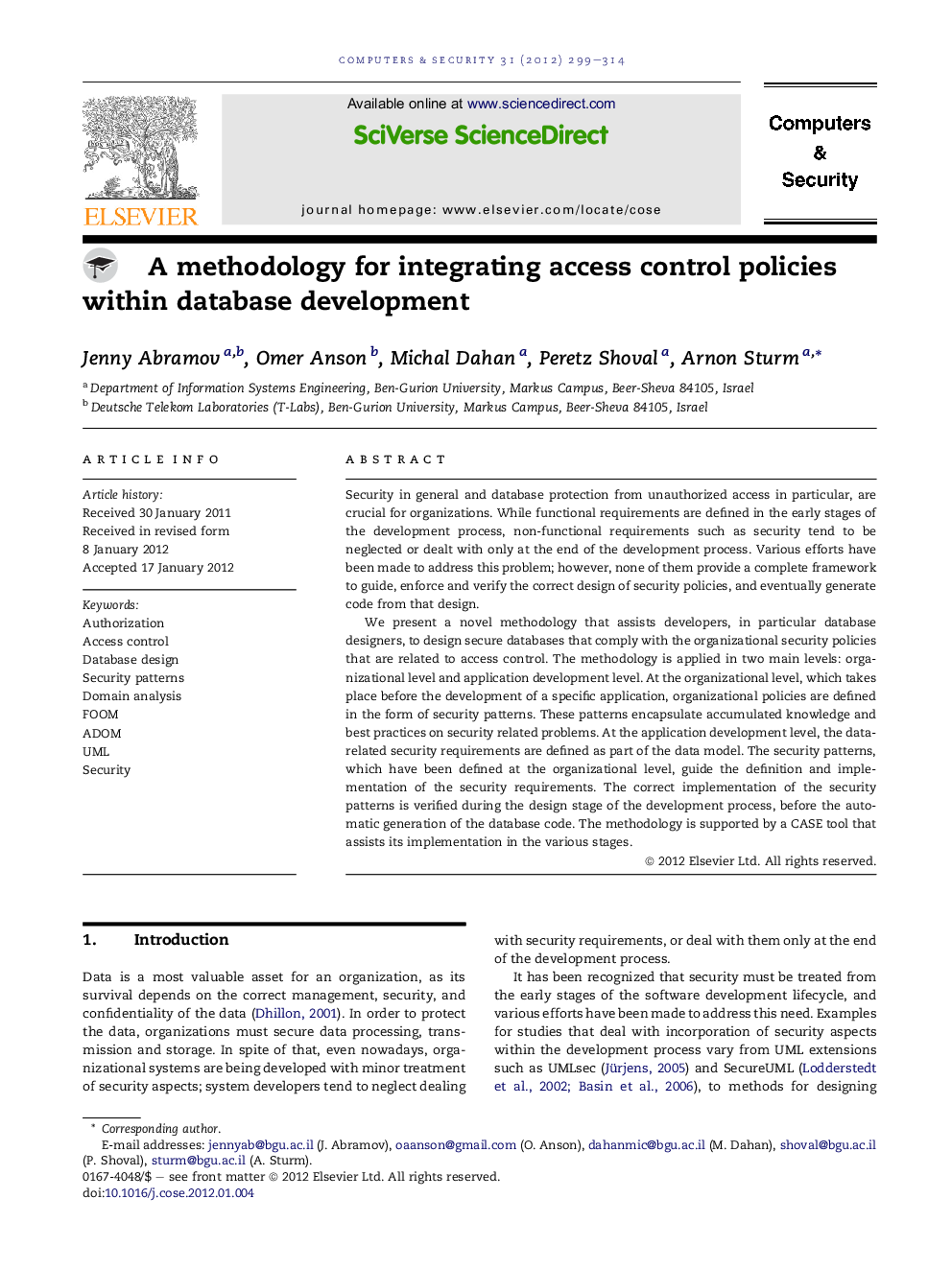 A methodology for integrating access control policies within database development