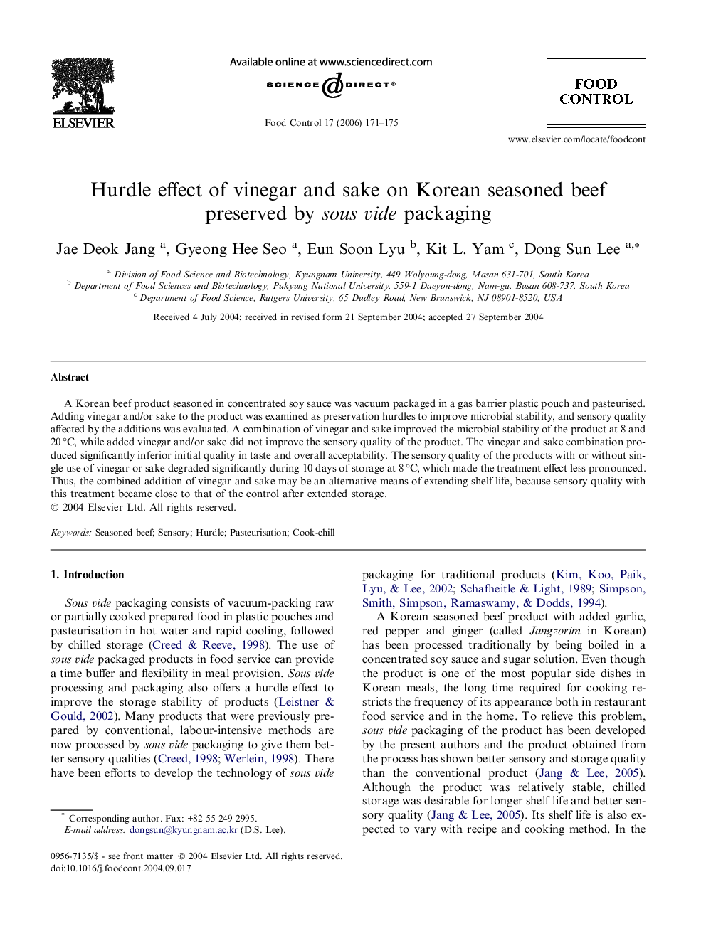 Hurdle effect of vinegar and sake on Korean seasoned beef preserved by sous vide packaging