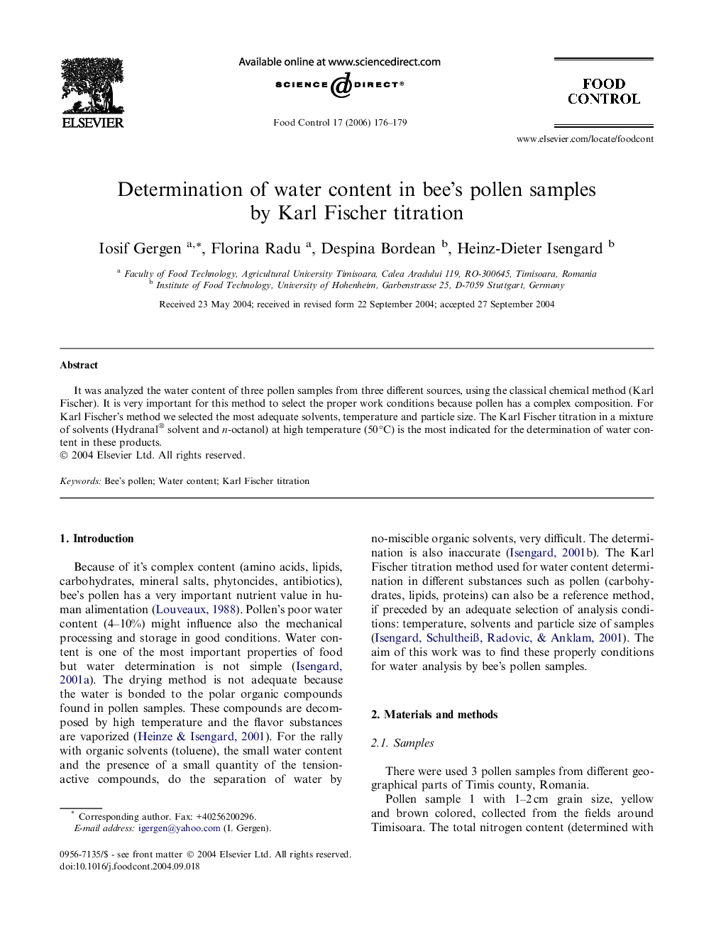 Determination of water content in bee’s pollen samples by Karl Fischer titration