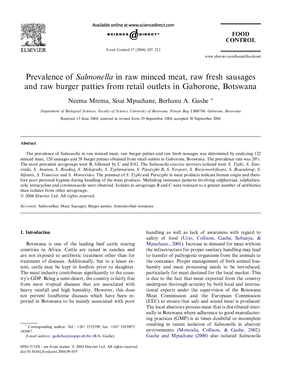 Prevalence of Salmonella in raw minced meat, raw fresh sausages and raw burger patties from retail outlets in Gaborone, Botswana