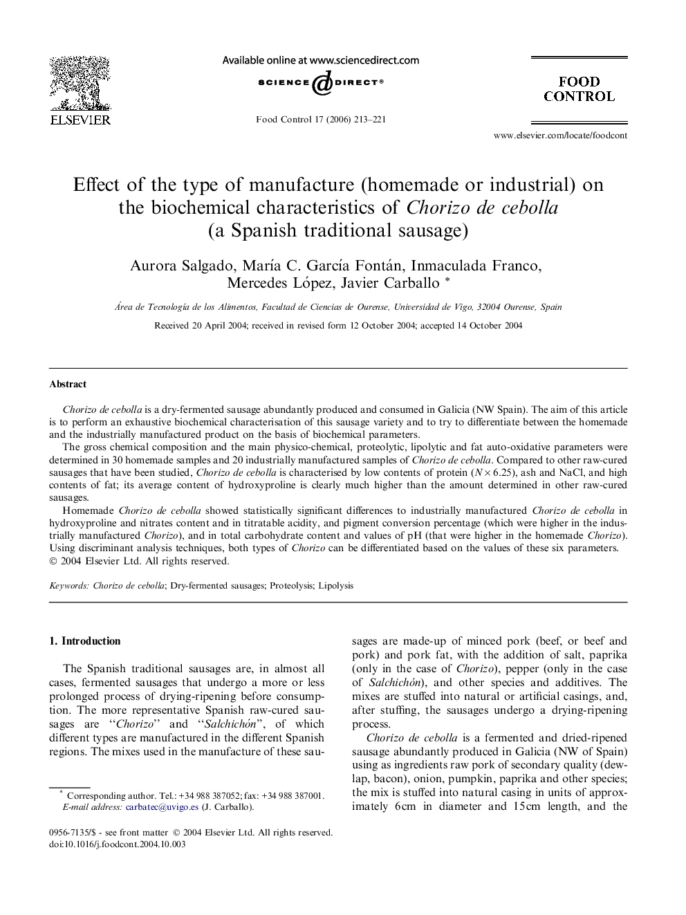 Effect of the type of manufacture (homemade or industrial) on the biochemical characteristics of Chorizo de cebolla (a Spanish traditional sausage)