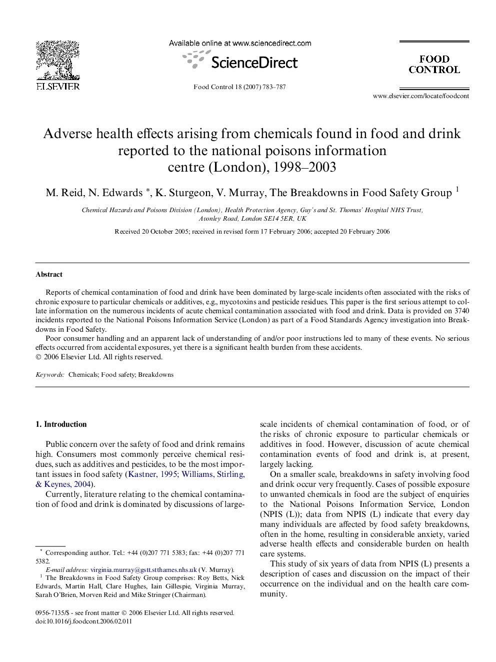 Adverse health effects arising from chemicals found in food and drink reported to the national poisons information centre (London), 1998-2003