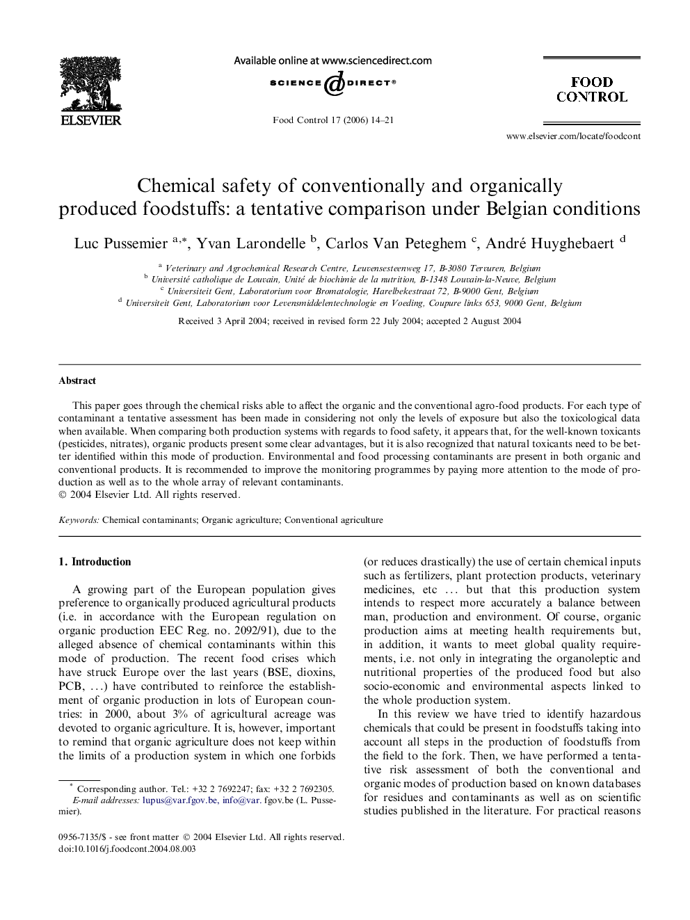 Chemical safety of conventionally and organically produced foodstuffs: A tentative comparison under Belgian conditions