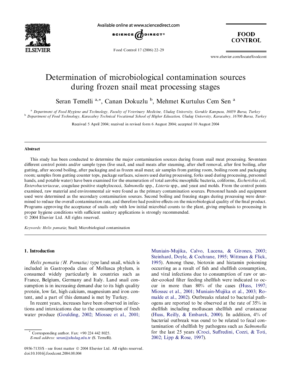 Determination of microbiological contamination sources during frozen snail meat processing stages