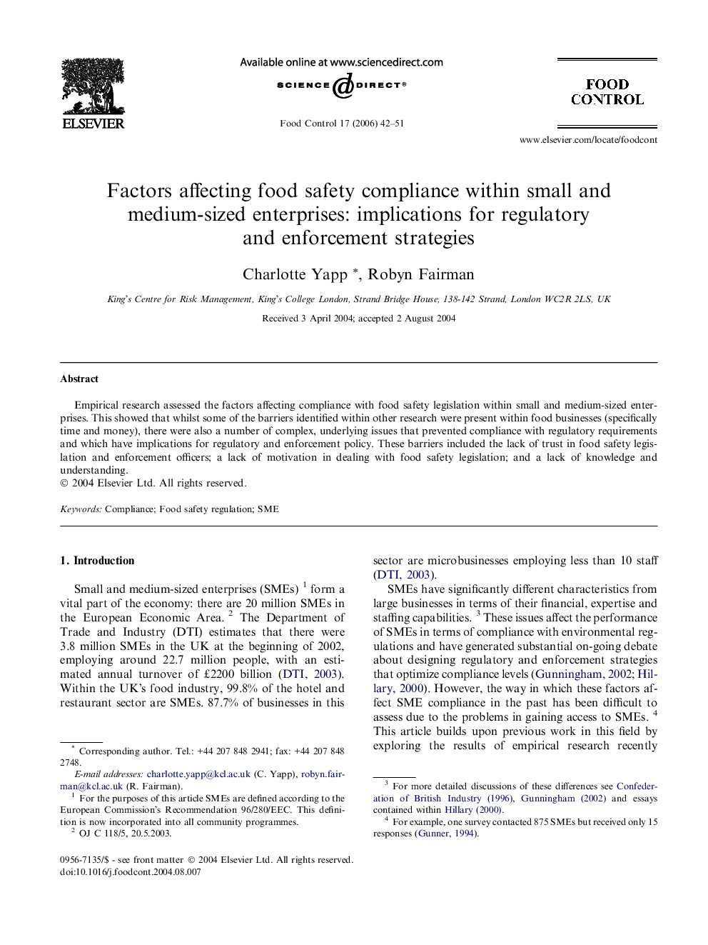 Factors affecting food safety compliance within small and medium-sized enterprises: implications for regulatory and enforcement strategies