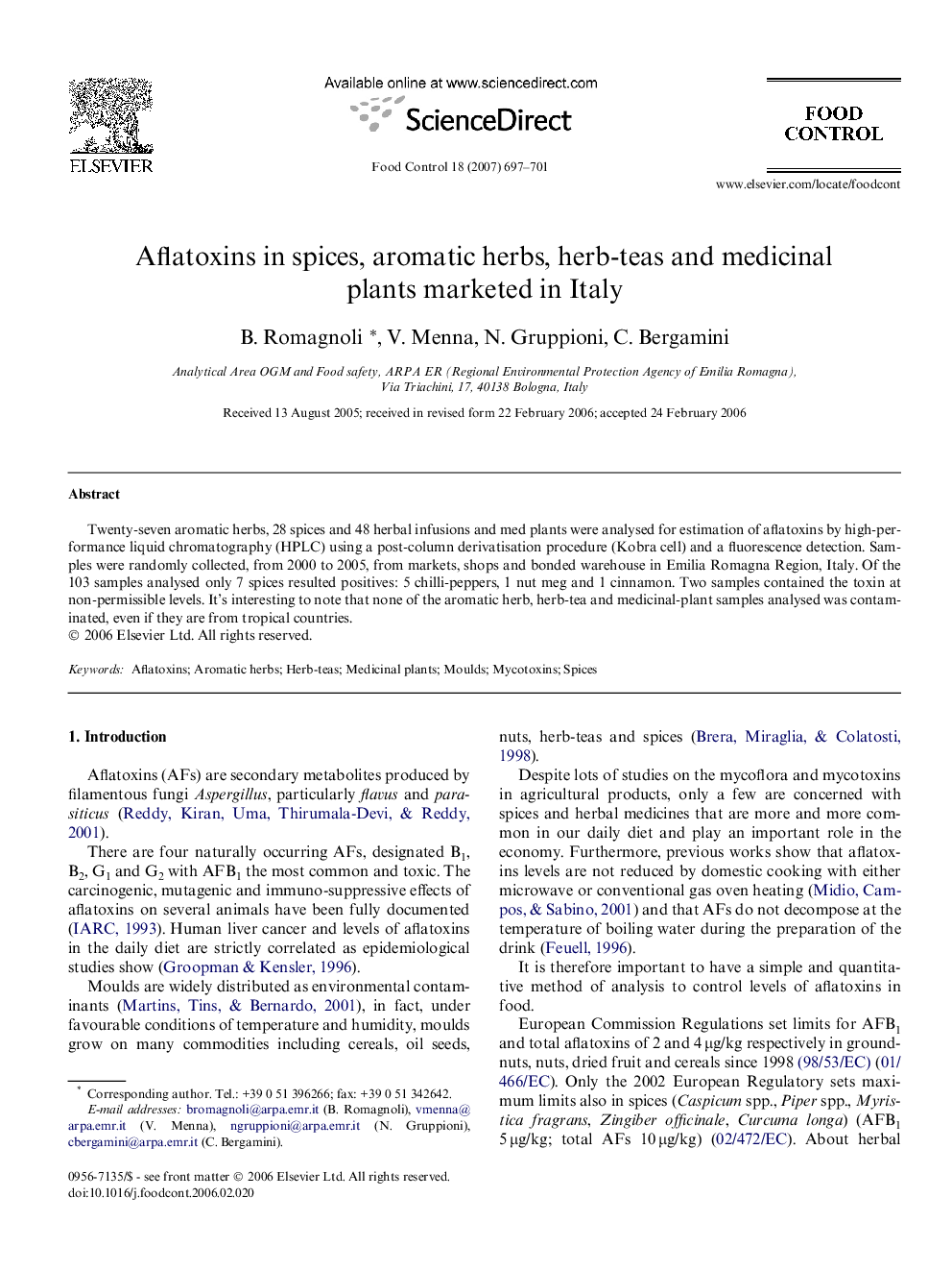 Aflatoxins in spices, aromatic herbs, herb-teas and medicinal plants marketed in Italy