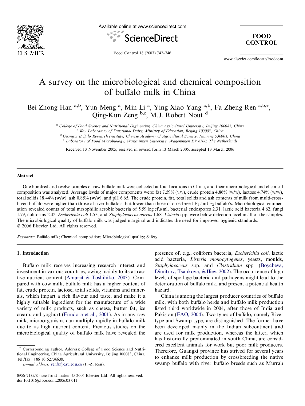 A survey on the microbiological and chemical composition of buffalo milk in China