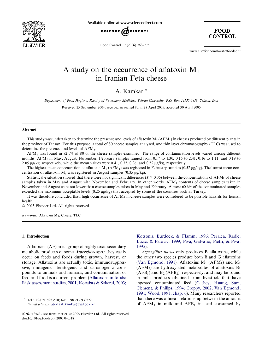 عکس صفحه اول مقاله: A study on the occurrence of aflatoxin M1 in Iranian Feta cheese A study on the occurrence of aflatoxin M1 in Iranian Feta cheese