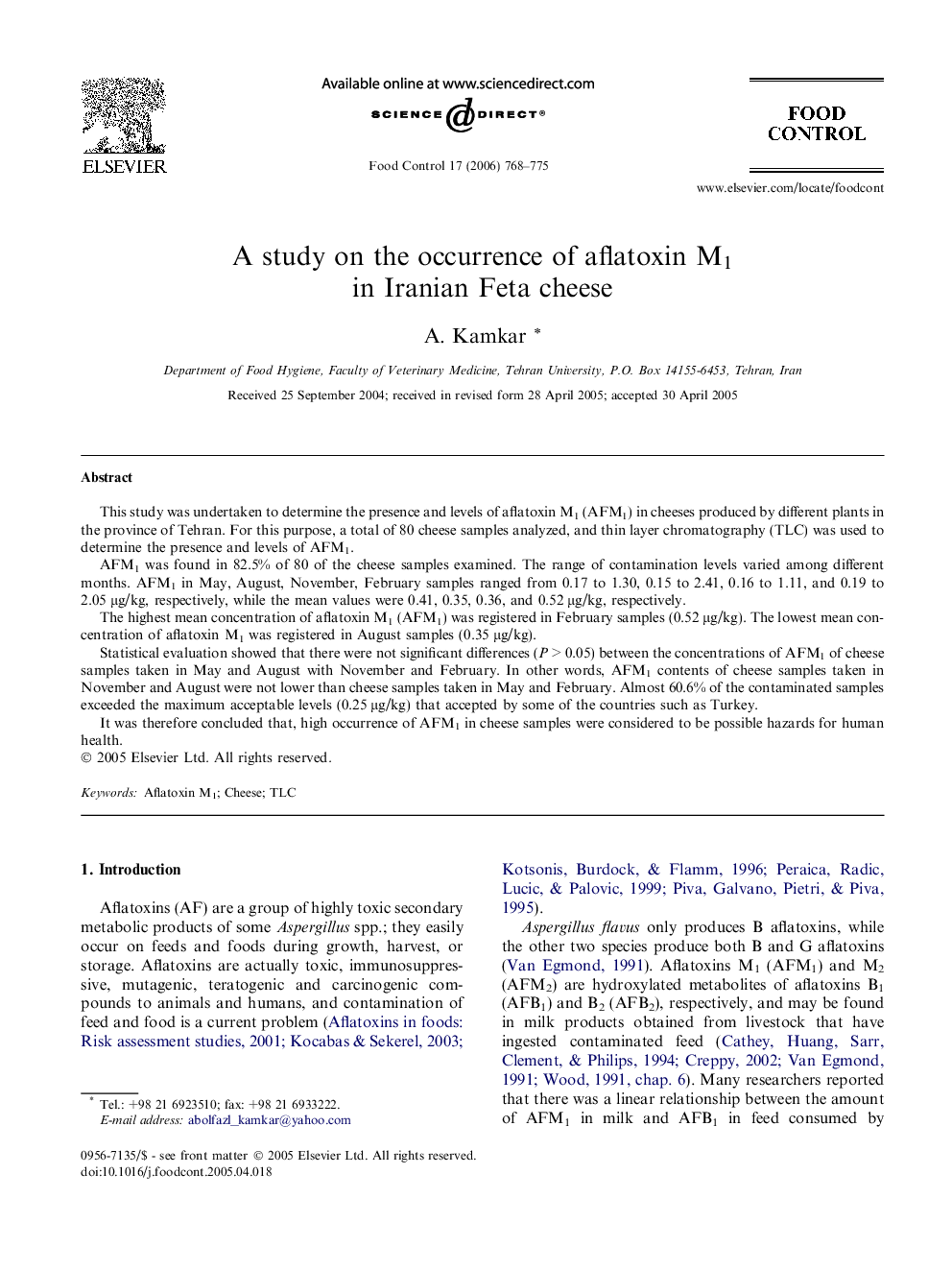 A study on the occurrence of aflatoxin M1 in Iranian Feta cheese