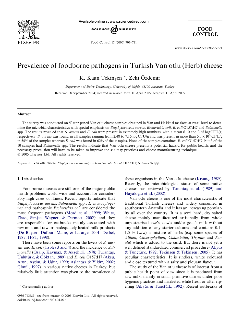 Prevalence of foodborne pathogens in Turkish Van otlu (Herb) cheese