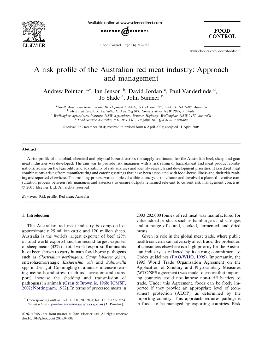 A risk profile of the Australian red meat industry: Approach and management