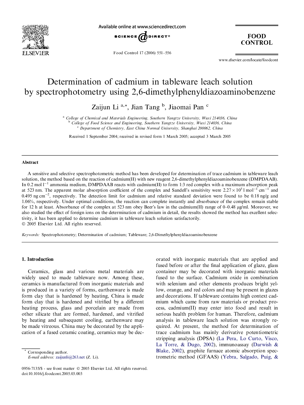 Determination of cadmium in tableware leach solution by spectrophotometry using 2,6-dimethylphenyldiazoaminobenzene