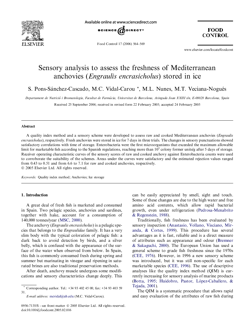 Sensory analysis to assess the freshness of Mediterranean anchovies (Engraulis encrasicholus) stored in ice