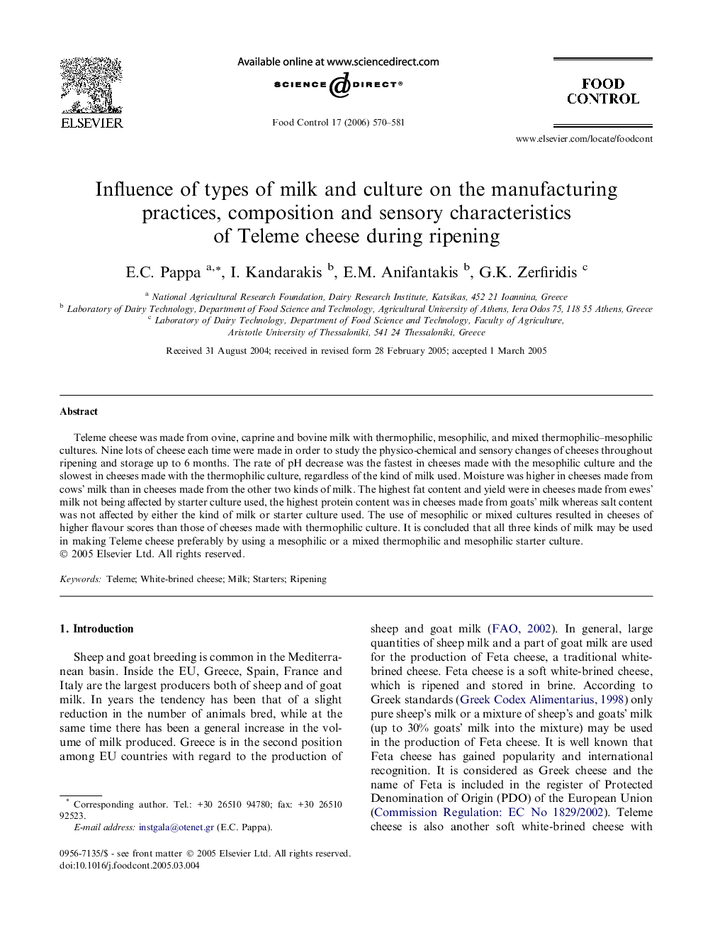 Influence of types of milk and culture on the manufacturing practices, composition and sensory characteristics of Teleme cheese during ripening