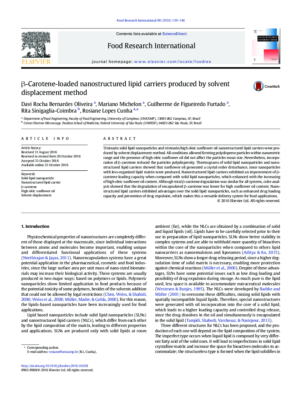 β-Carotene-loaded nanostructured lipid carriers produced by solvent displacement method