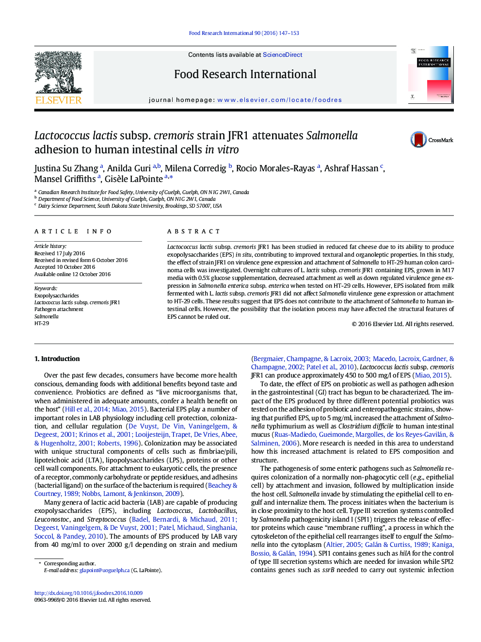 Lactococcus lactis subsp. cremoris strain JFR1 attenuates Salmonella adhesion to human intestinal cells in vitro