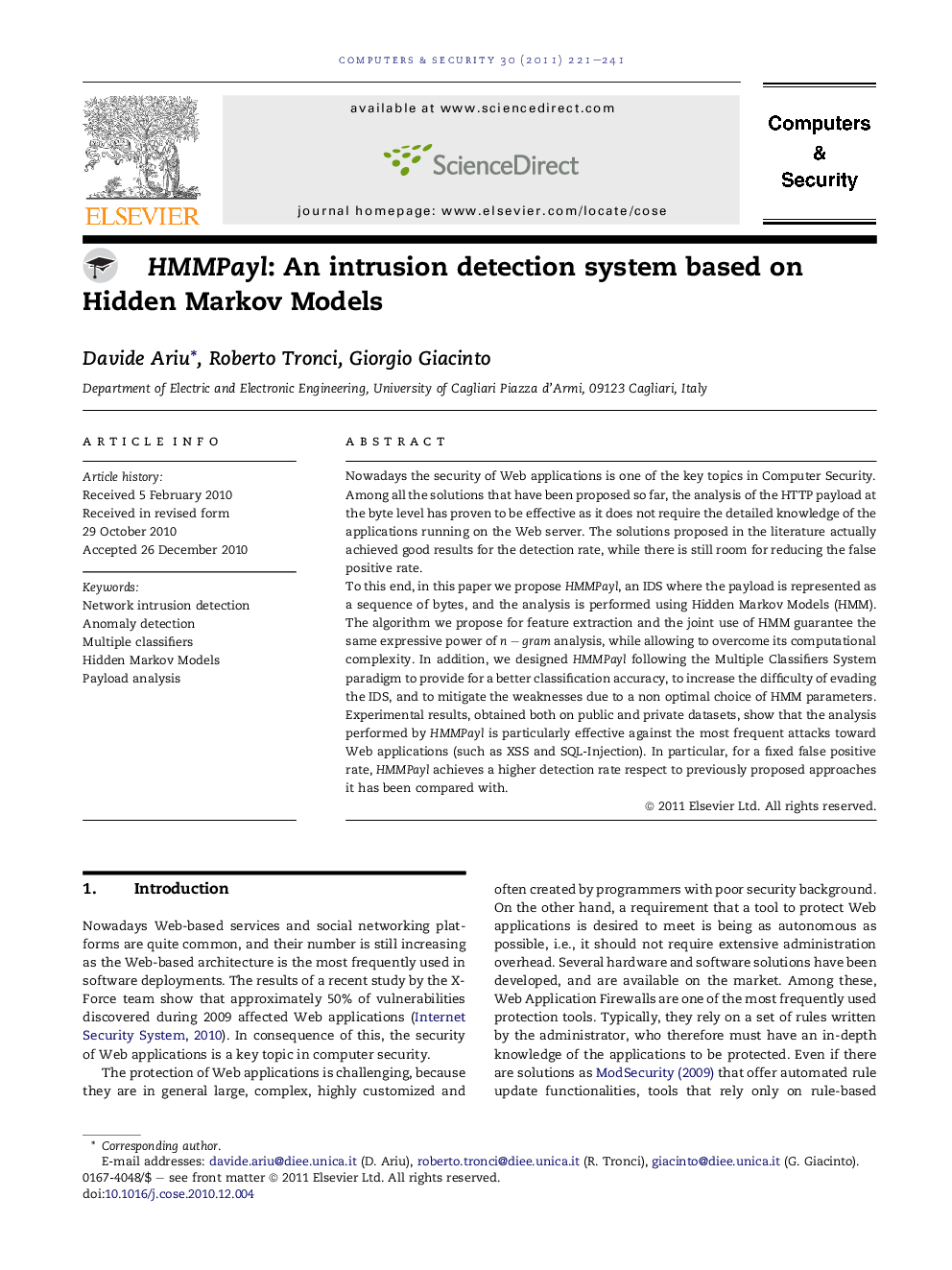 عکس صفحه اول مقاله: HMMPayl: An intrusion detection system based on Hidden Markov Models HMMPayl: An intrusion detection system based on Hidden Markov Models