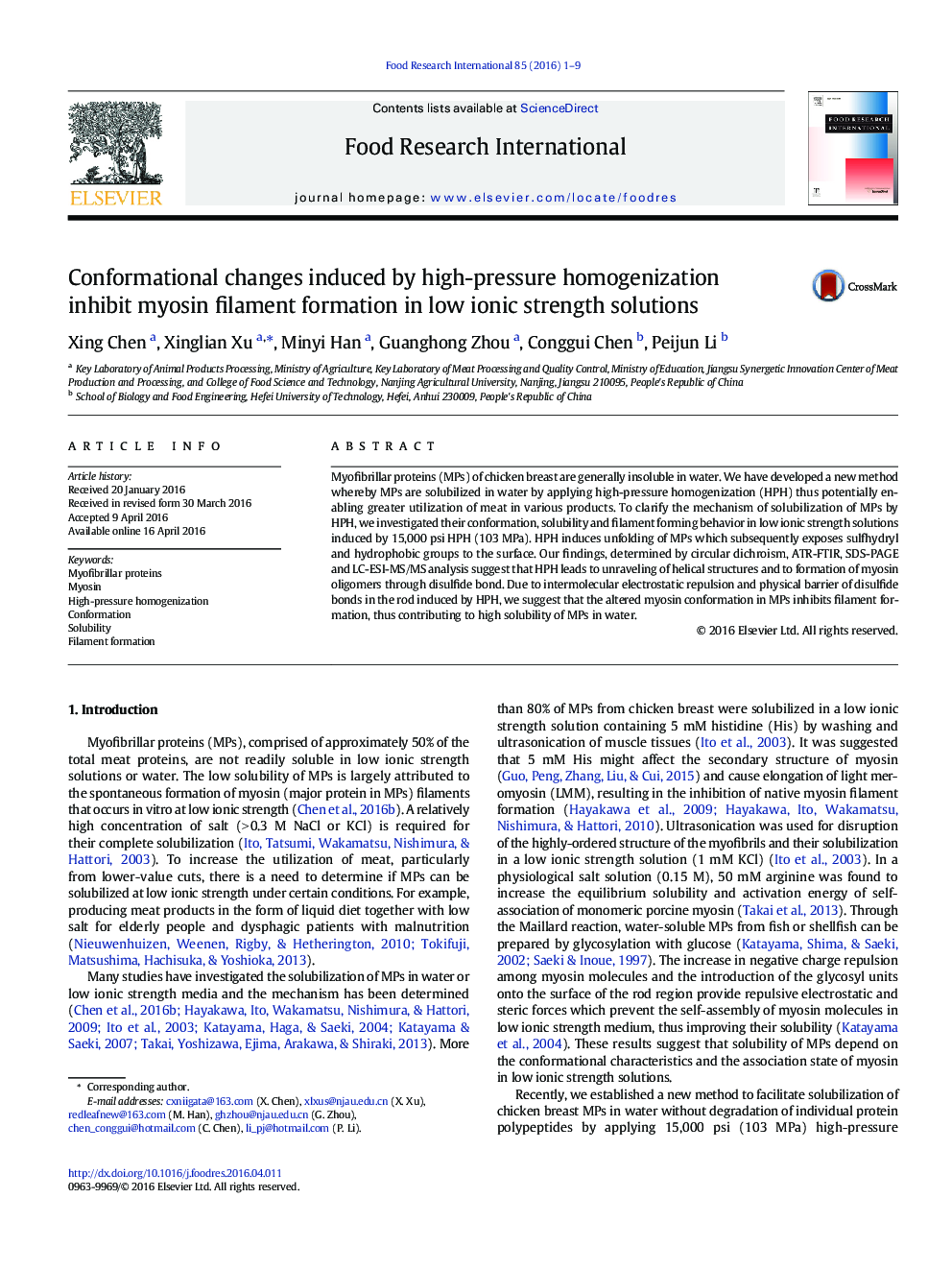 Conformational changes induced by high-pressure homogenization inhibit myosin filament formation in low ionic strength solutions