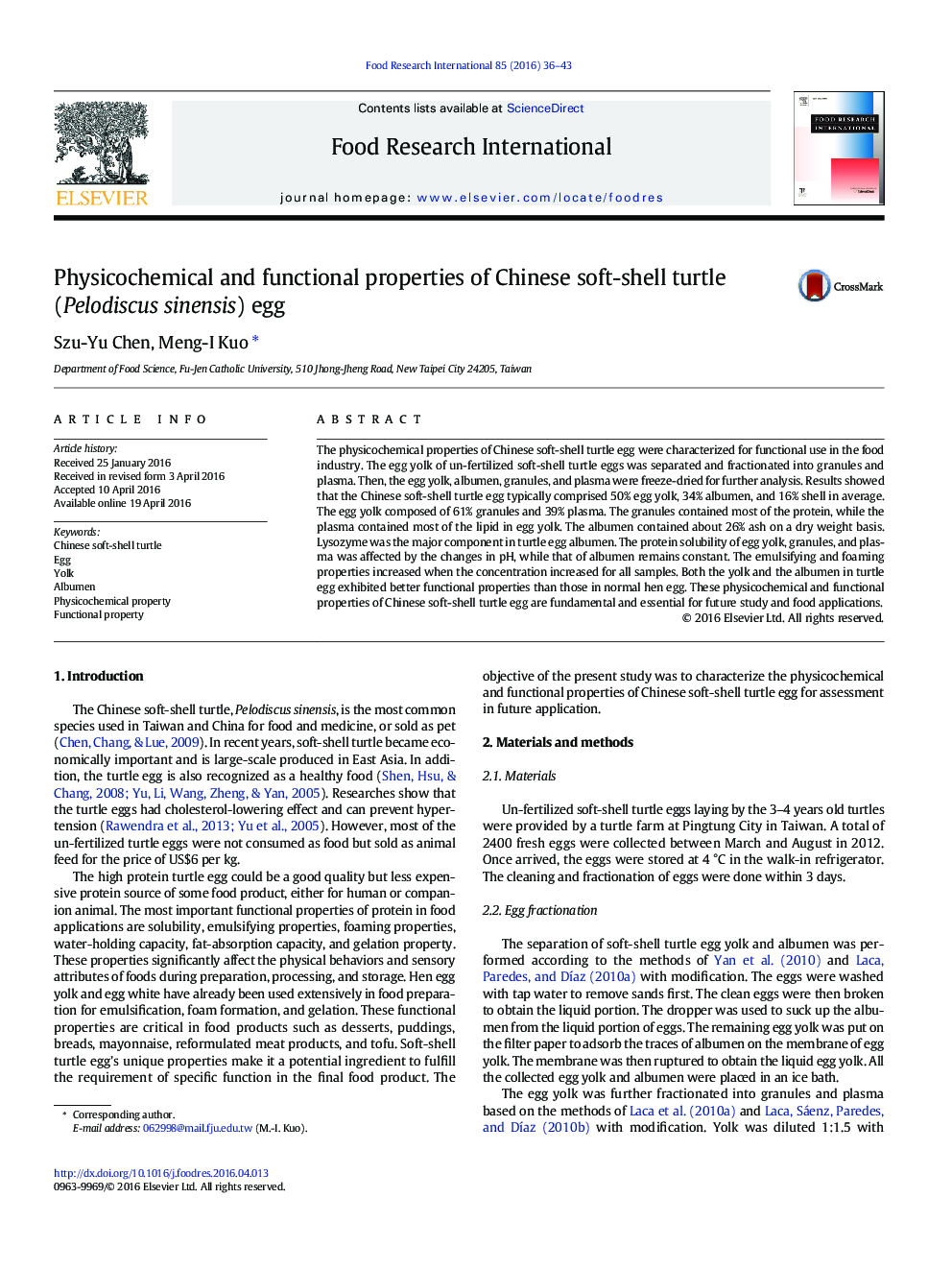 Physicochemical and functional properties of Chinese soft-shell turtle (Pelodiscus sinensis) egg