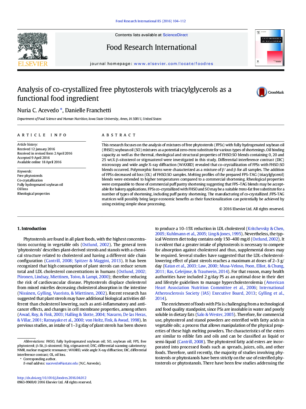 Analysis of co-crystallized free phytosterols with triacylglycerols as a functional food ingredient