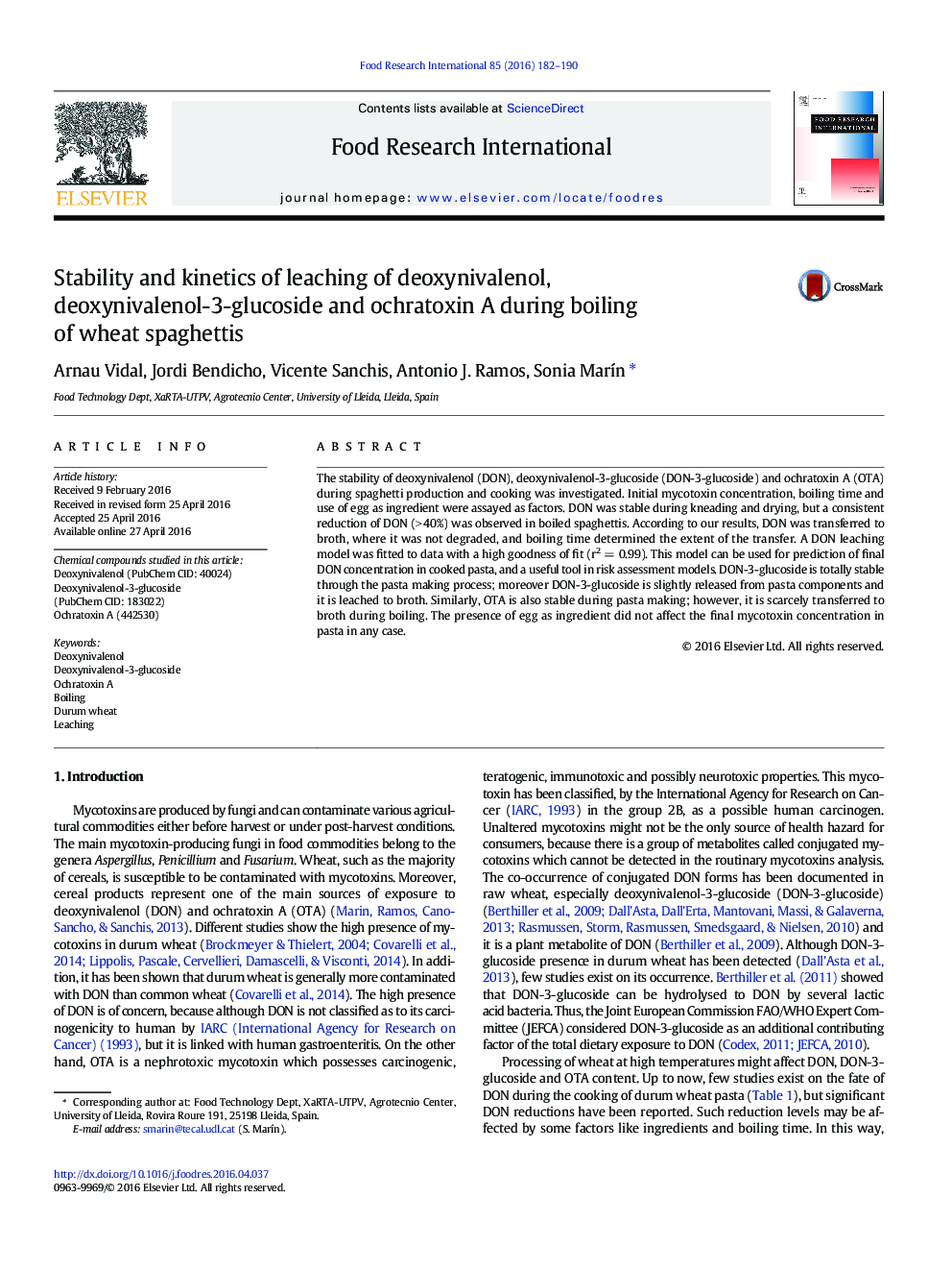 Stability and kinetics of leaching of deoxynivalenol, deoxynivalenol-3-glucoside and ochratoxin A during boiling of wheat spaghettis