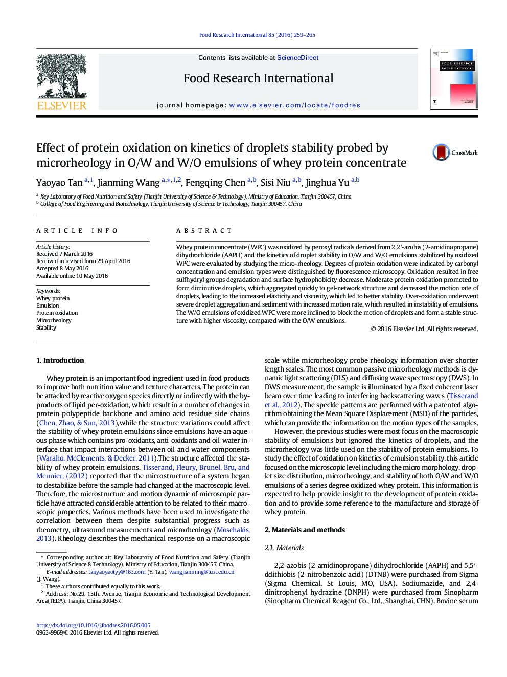 Effect of protein oxidation on kinetics of droplets stability probed by microrheology in O/W and W/O emulsions of whey protein concentrate