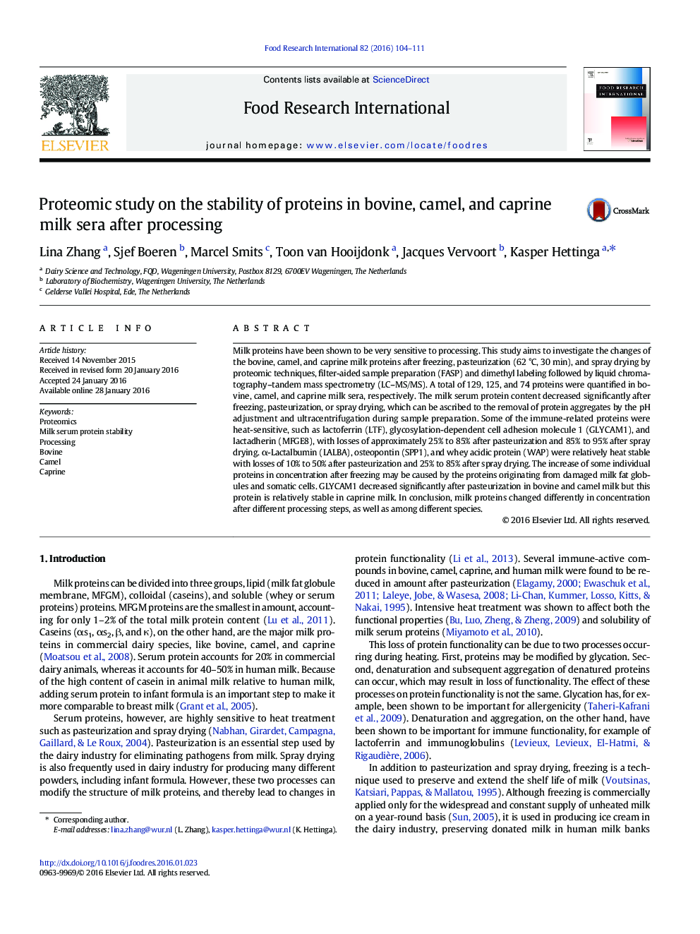 Proteomic study on the stability of proteins in bovine, camel, and caprine milk sera after processing