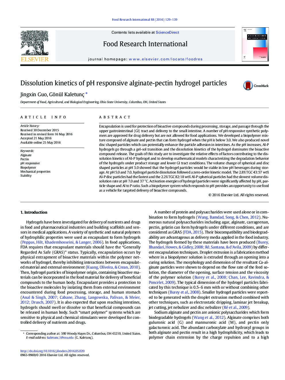 Dissolution kinetics of pH responsive alginate-pectin hydrogel particles