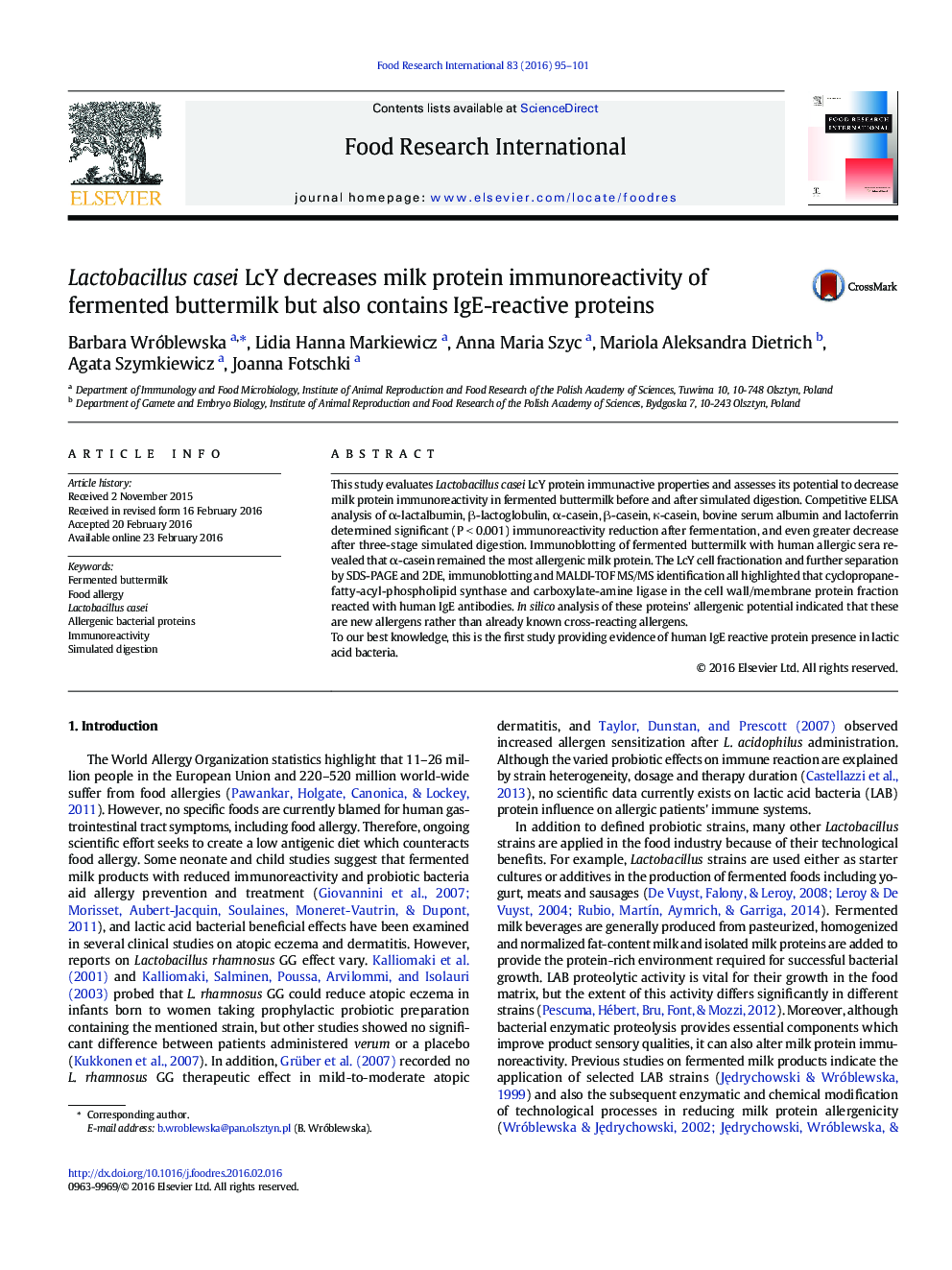 Lactobacillus casei LcY decreases milk protein immunoreactivity of fermented buttermilk but also contains IgE-reactive proteins