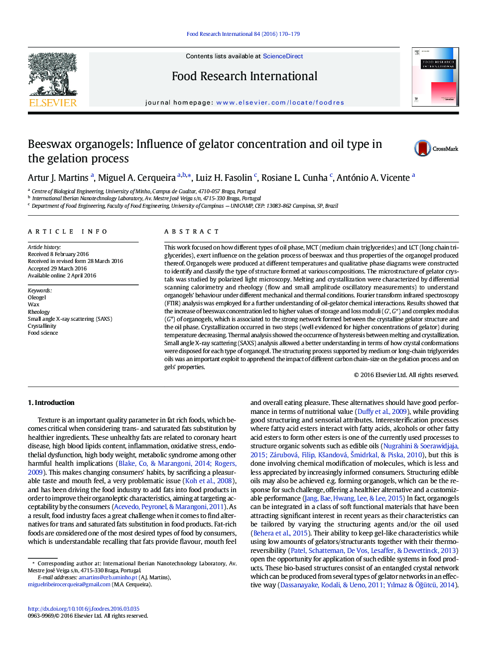 Beeswax organogels: Influence of gelator concentration and oil type in the gelation process