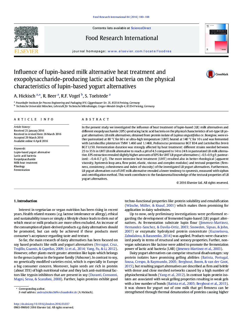 Influence of lupin-based milk alternative heat treatment and exopolysaccharide-producing lactic acid bacteria on the physical characteristics of lupin-based yogurt alternatives