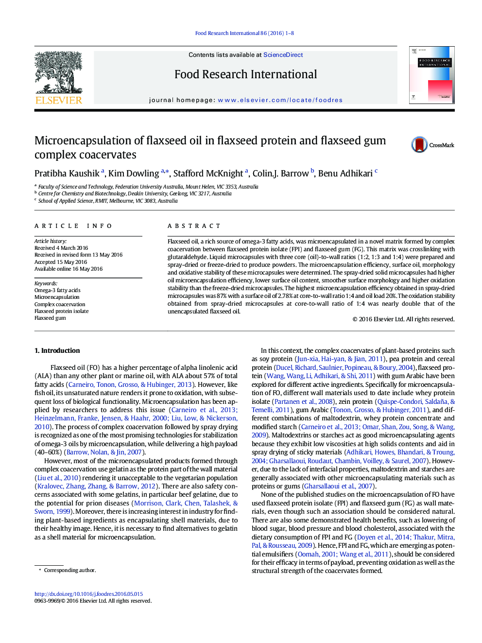 Microencapsulation of flaxseed oil in flaxseed protein and flaxseed gum complex coacervates