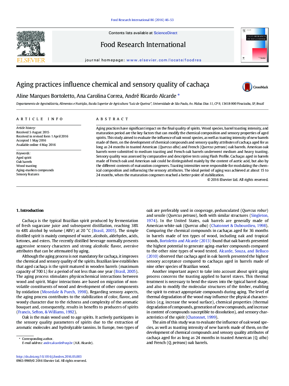 Aging practices influence chemical and sensory quality of cachaça