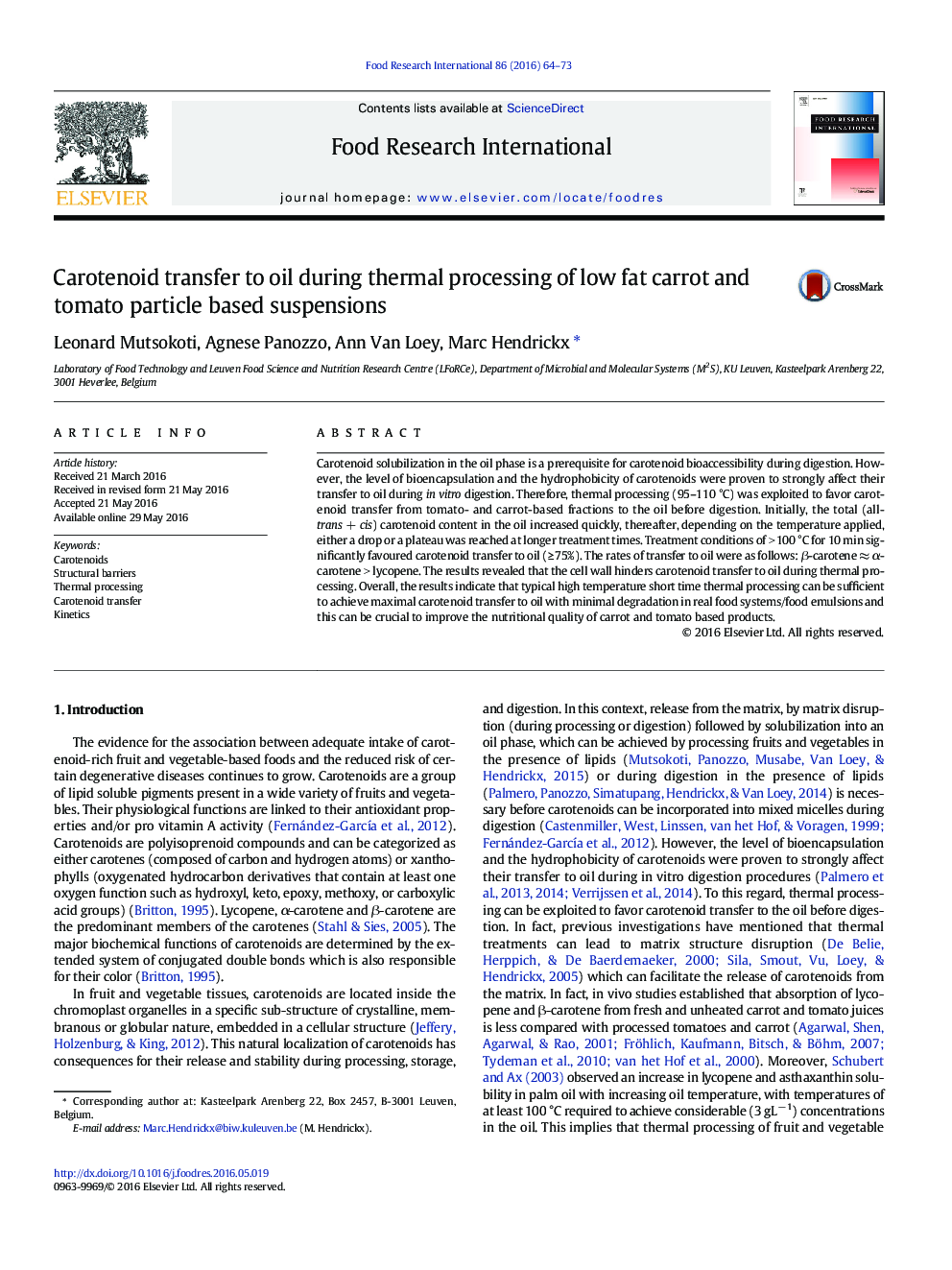 Carotenoid transfer to oil during thermal processing of low fat carrot and tomato particle based suspensions