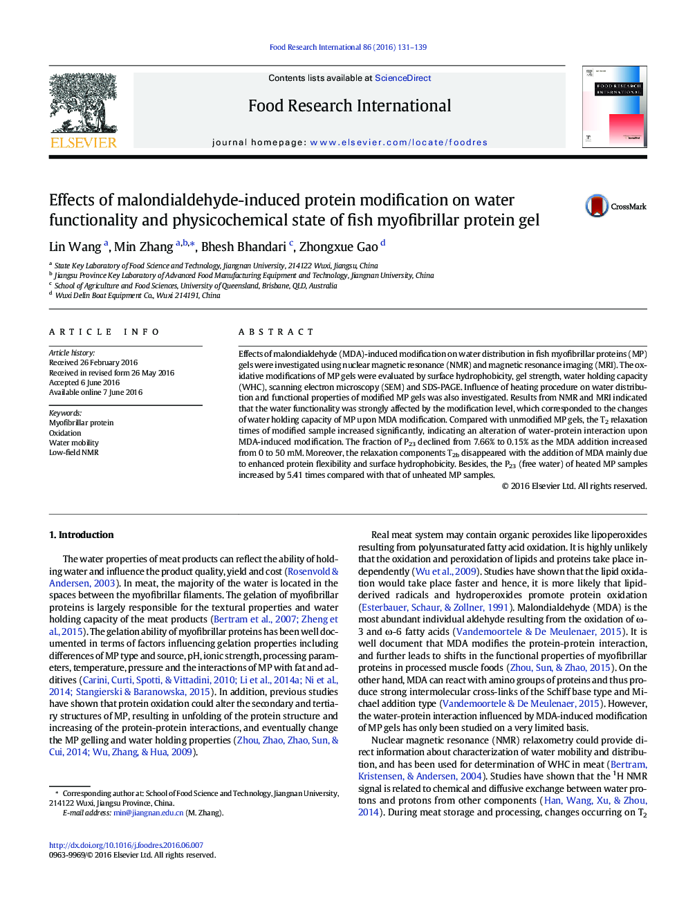 Effects of malondialdehyde-induced protein modification on water functionality and physicochemical state of fish myofibrillar protein gel