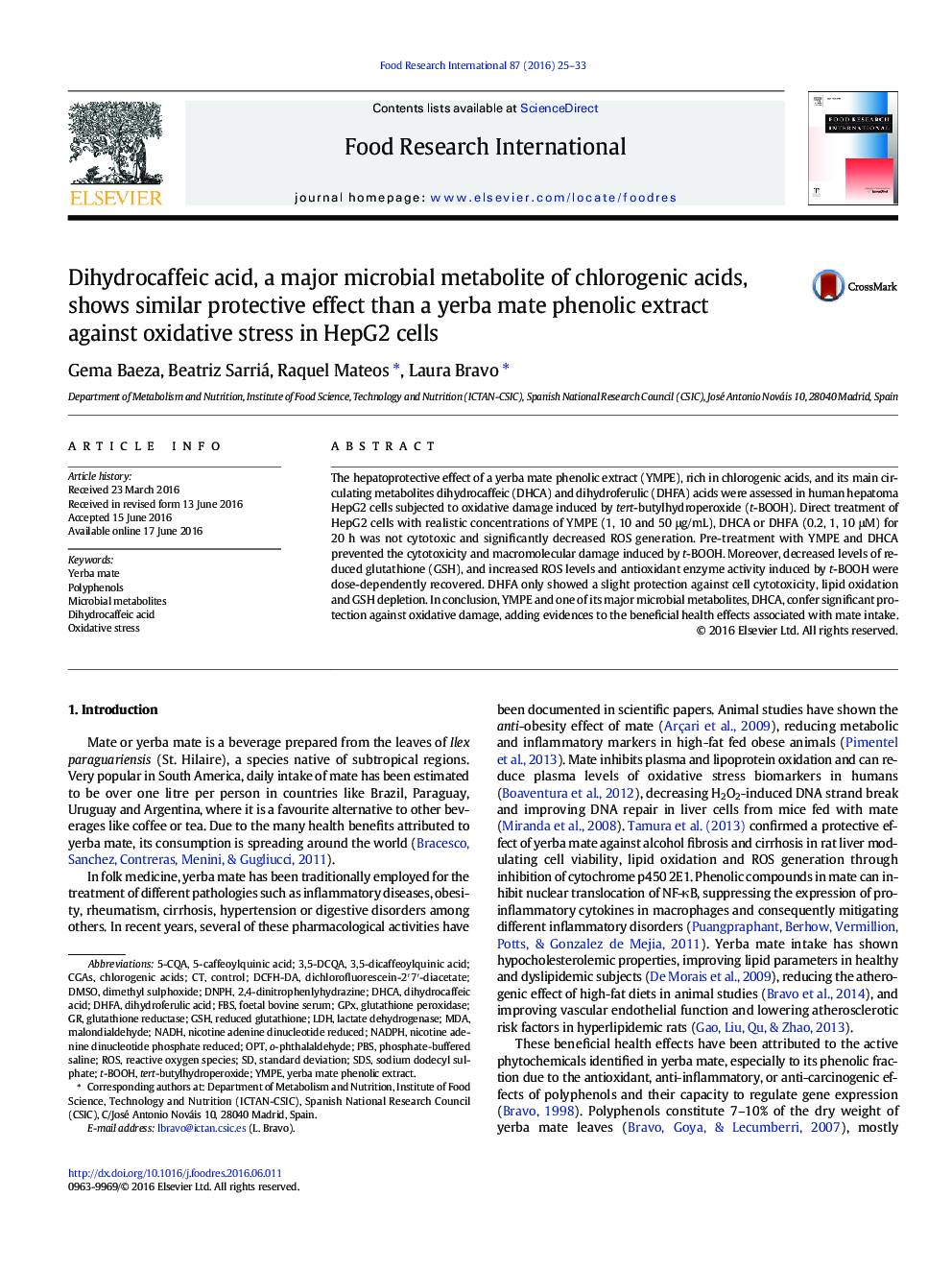 Dihydrocaffeic acid, a major microbial metabolite of chlorogenic acids, shows similar protective effect than a yerba mate phenolic extract against oxidative stress in HepG2 cells