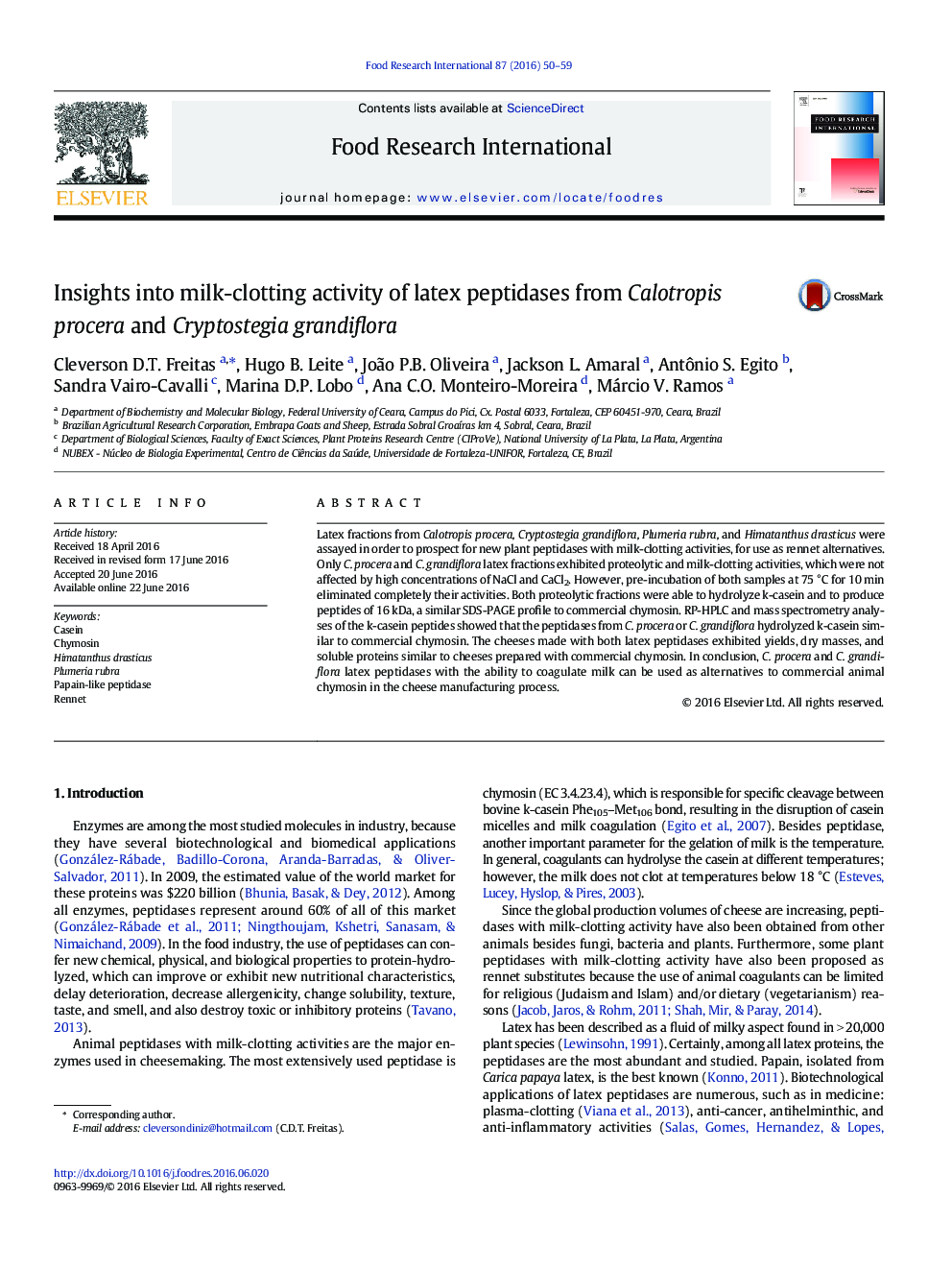 Insights into milk-clotting activity of latex peptidases from Calotropis procera and Cryptostegia grandiflora