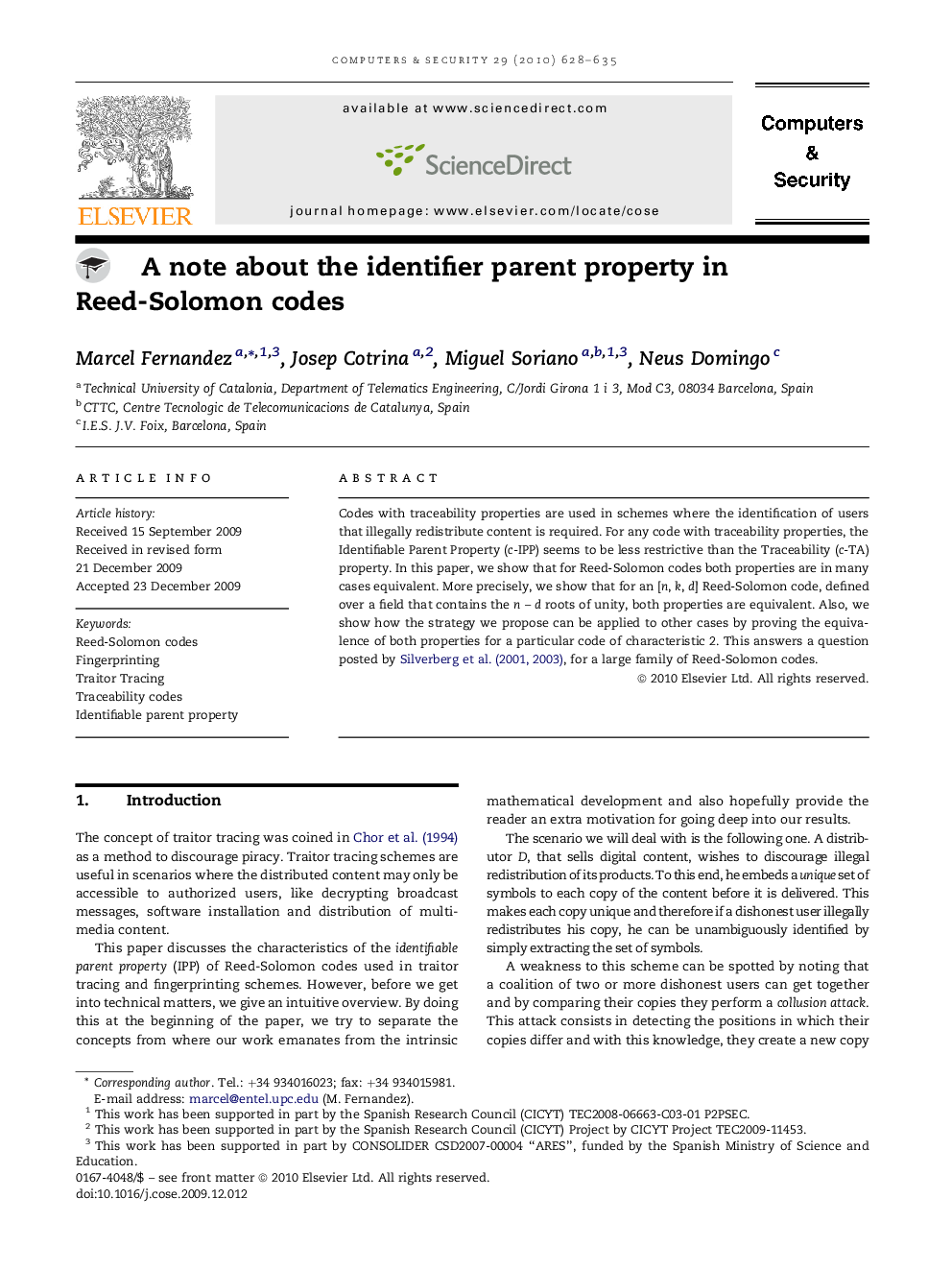 A note about the identifier parent property in Reed-Solomon codes