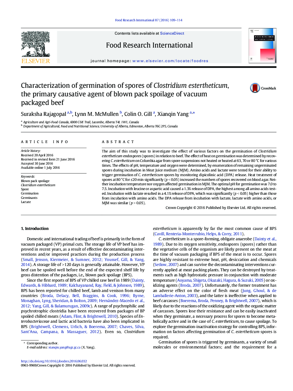 Characterization of germination of spores of Clostridium estertheticum, the primary causative agent of blown pack spoilage of vacuum packaged beef