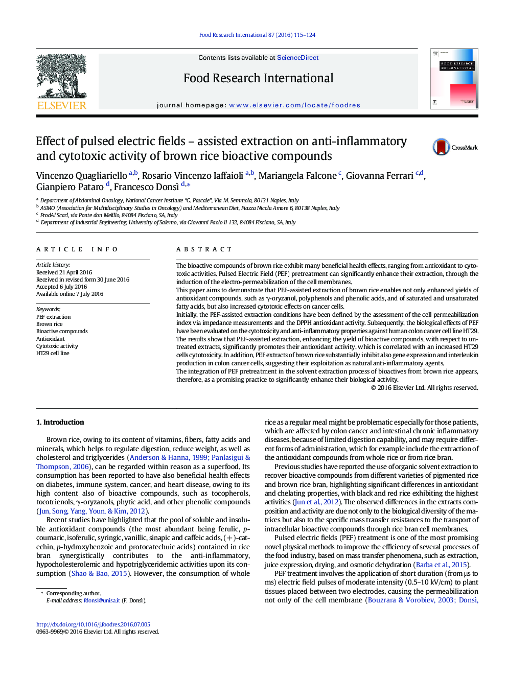 Effect of pulsed electric fields – assisted extraction on anti-inflammatory and cytotoxic activity of brown rice bioactive compounds